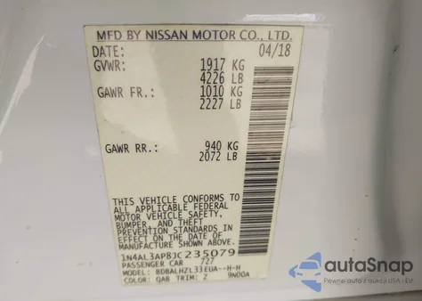 2018 Nissan Altima 2.5 Sr из США, поврежденный, VIN 1N4AL3AP8JC235079